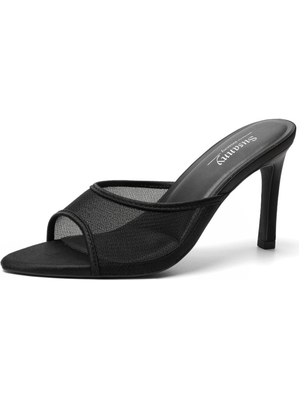 Women's Black Mesh Mule High Heels Pointed Open Toe Sexy Slip on Casual Shoes